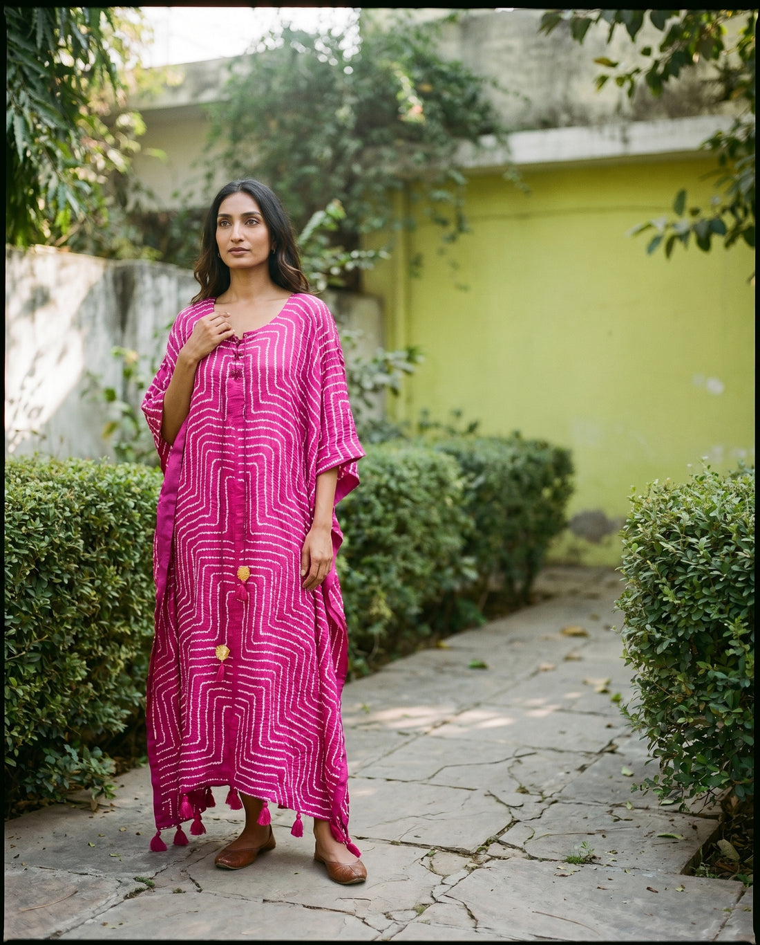Gajji Silk Bandhani Stitched Kaftan in Magenta Pink