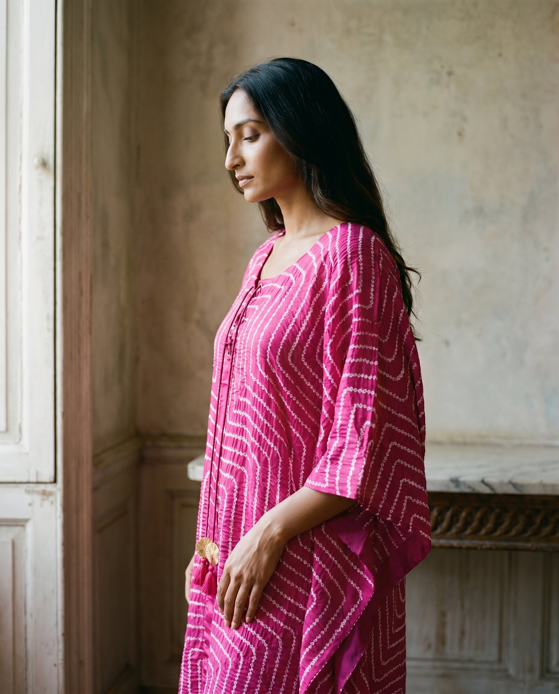 Gajji Silk Bandhani Stitched Kaftan in Magenta Pink