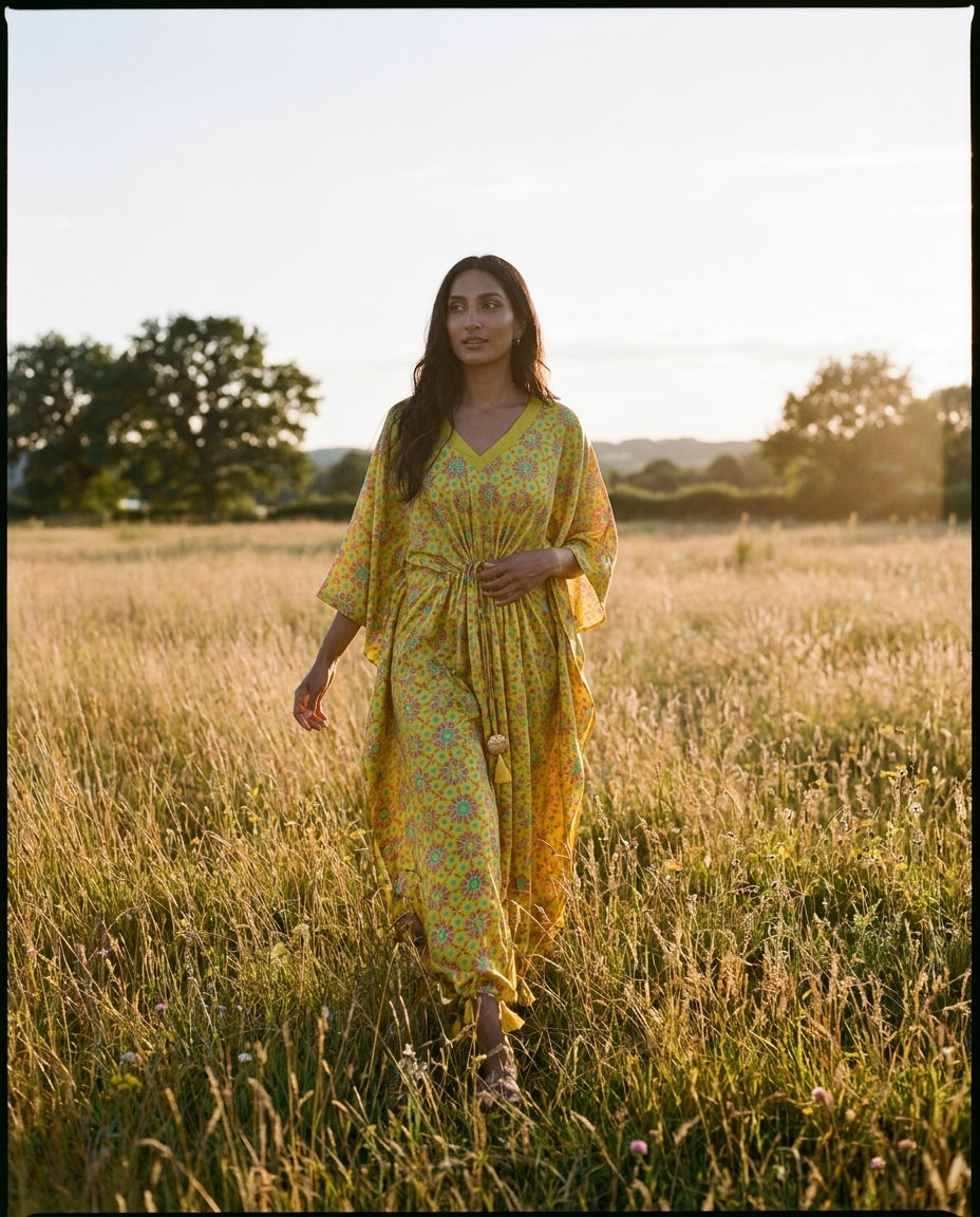Stitched Sateen Silk Turkish Nilufer Kaftan in Marigold Yellow