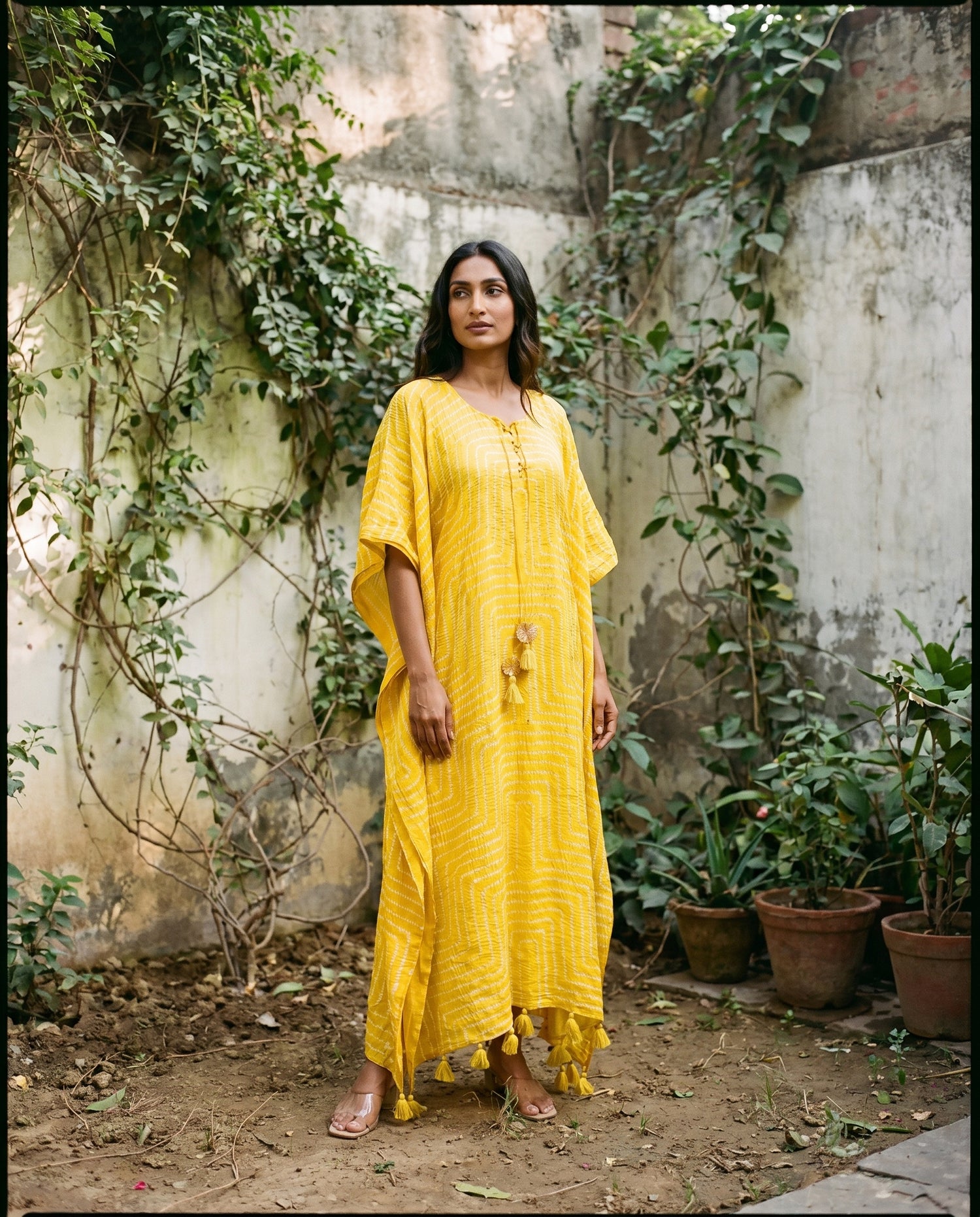 Gajji Silk Bandhani Stitched Kaftan in Sunflower Yellow