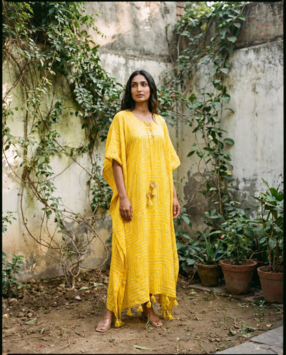 Gajji Silk Bandhani Stitched Kaftan in Sunflower Yellow