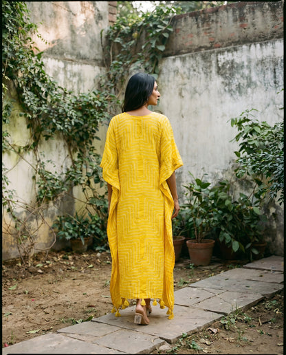 Gajji Silk Bandhani Stitched Kaftan in Sunflower Yellow