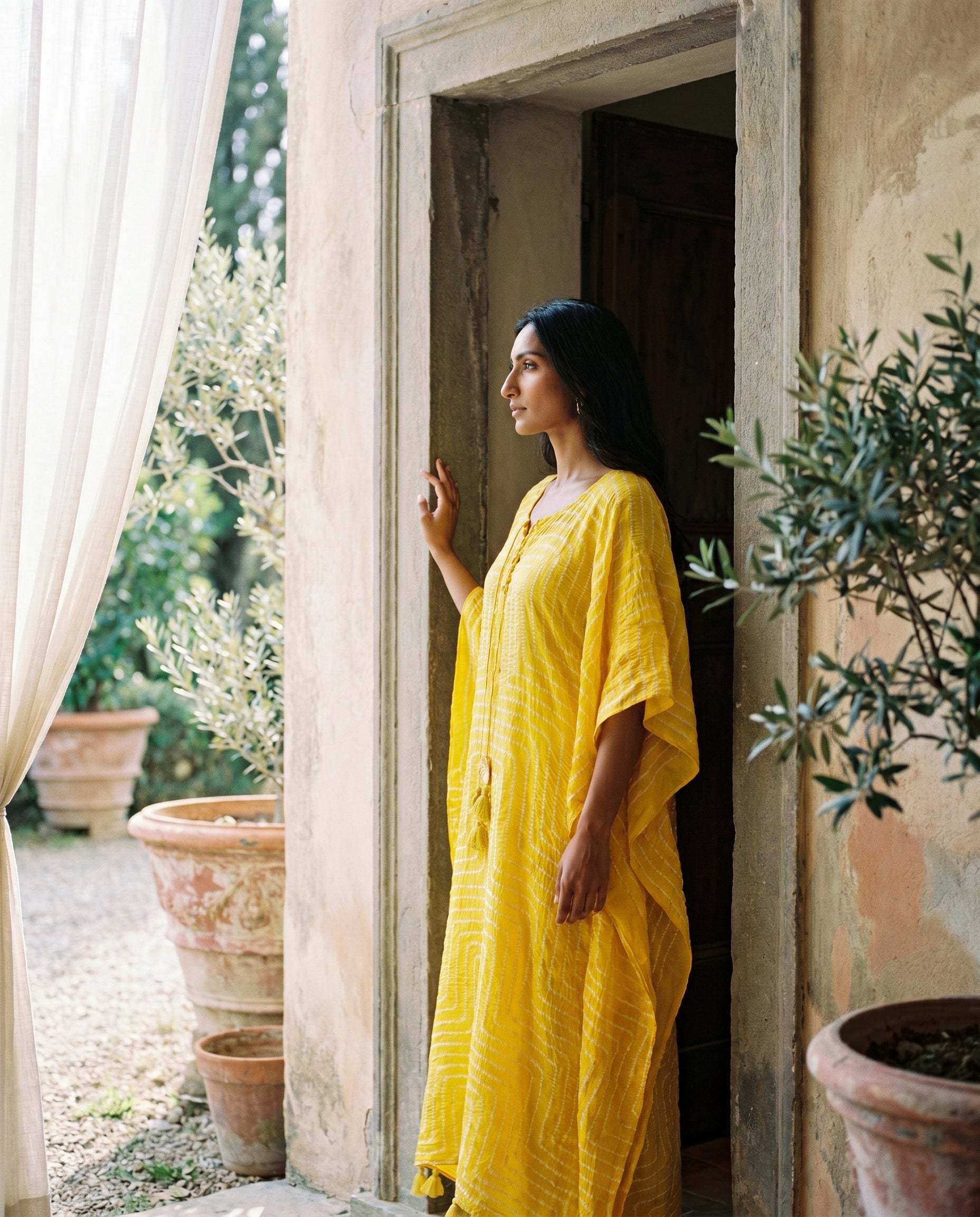 Gajji Silk Bandhani Stitched Kaftan in Sunflower Yellow