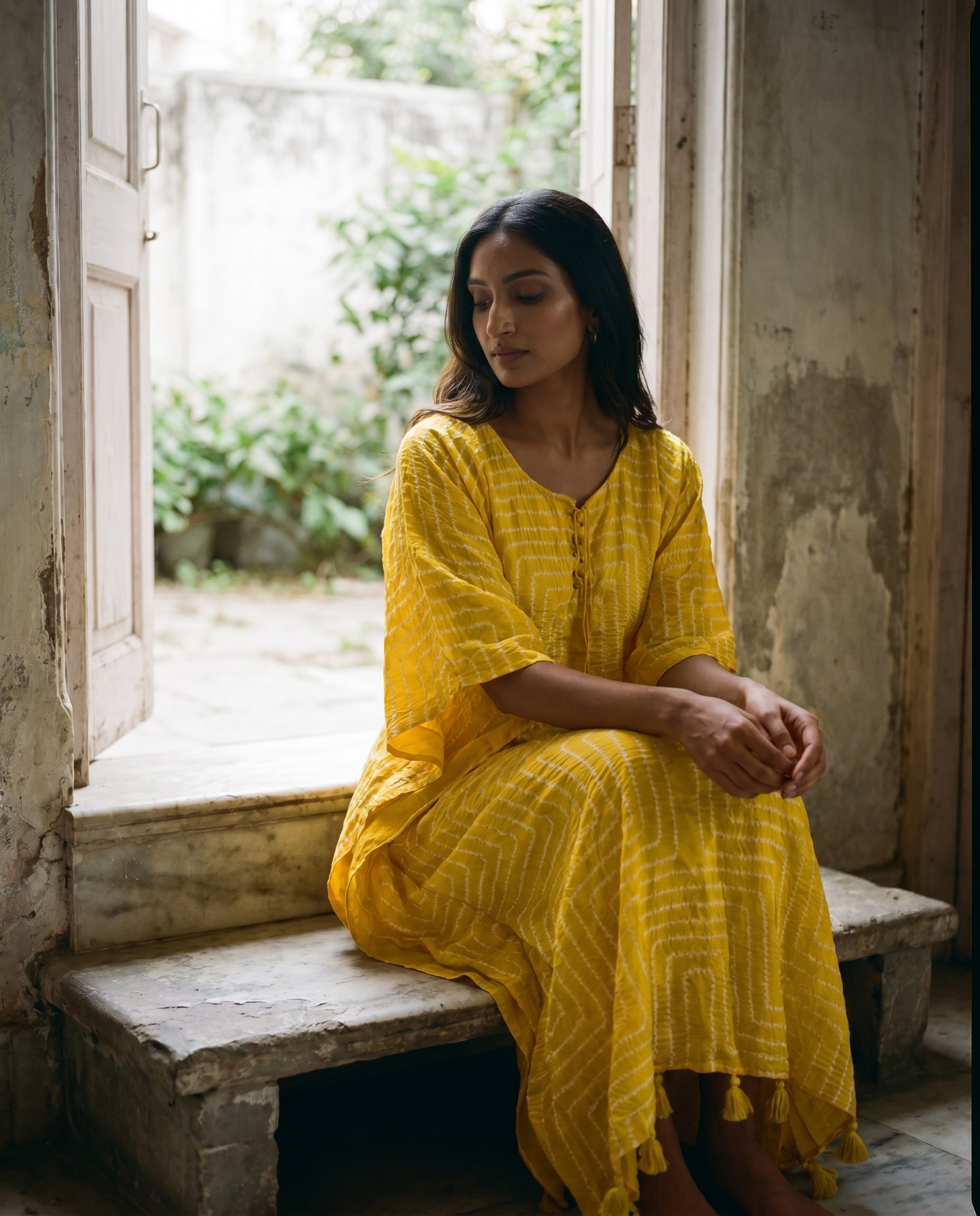 Gajji Silk Bandhani Stitched Kaftan in Sunflower Yellow