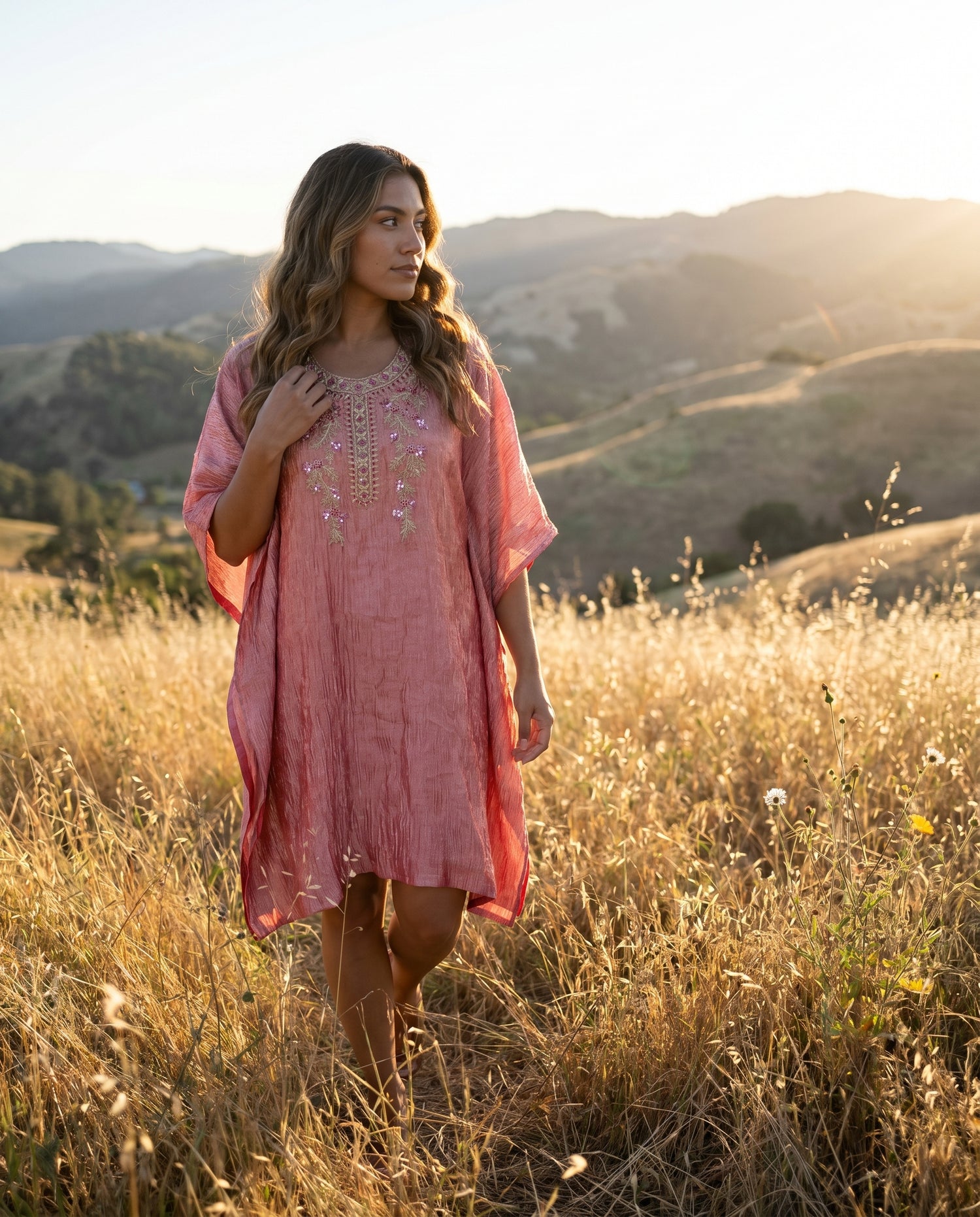 Crushed Tissue Silk Stitched Kaftan in Orange with Embriodery
