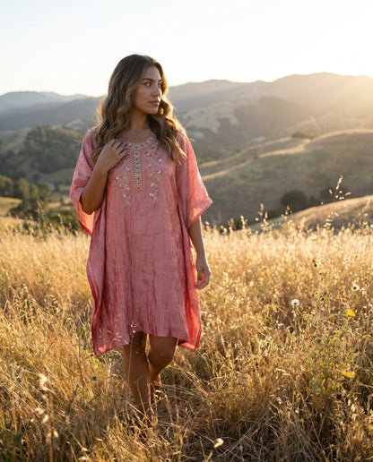 Crushed Tissue Silk Stitched Kaftan in Orange with Embriodery