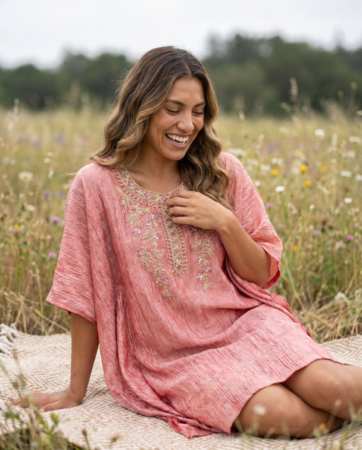Crushed Tissue Silk Stitched Kaftan in Orange with Embriodery