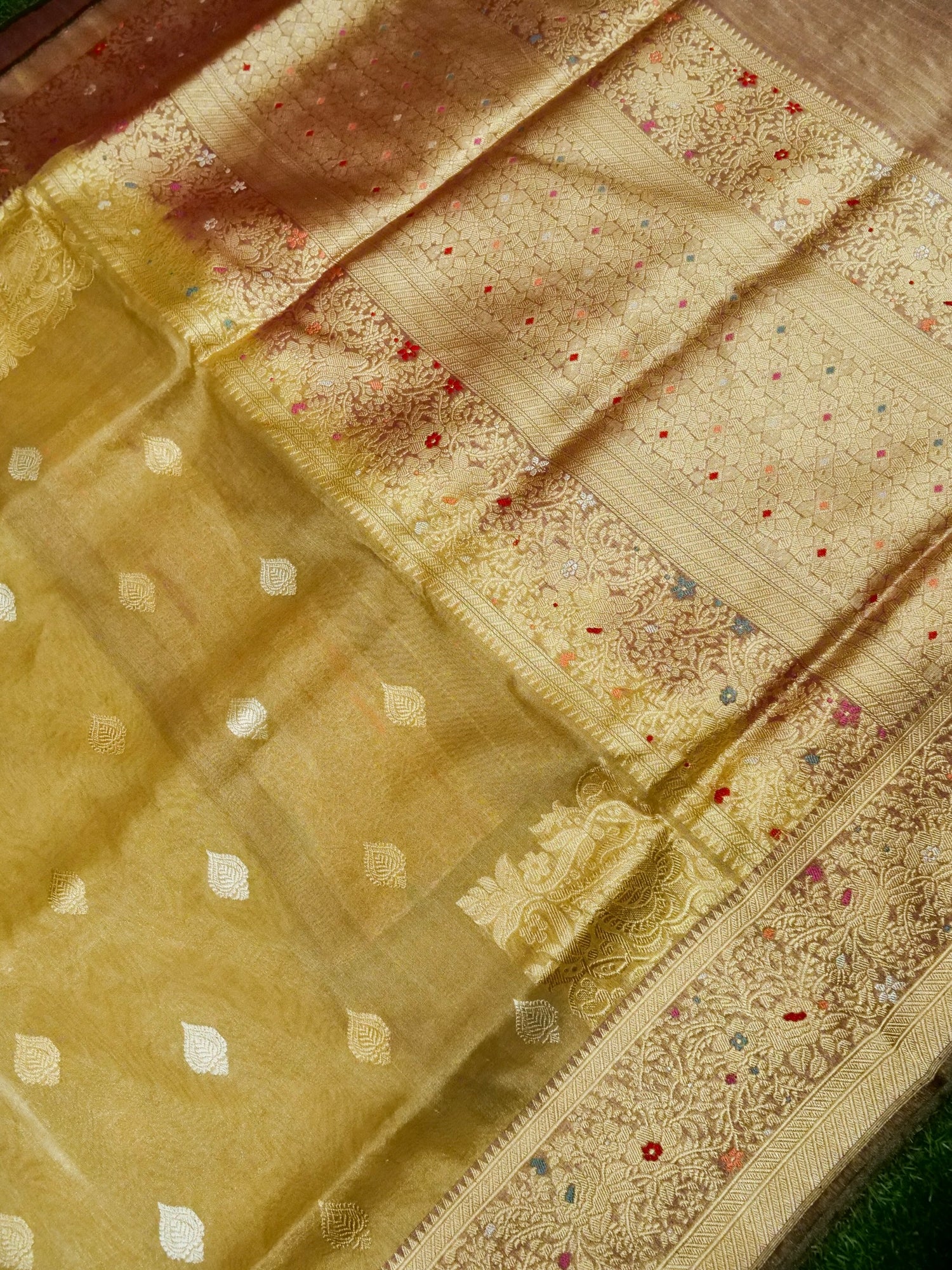 Banarasi Cotton Tissue Kadwa Konia Handloom Saree | Antique Gold - Khinkhwab