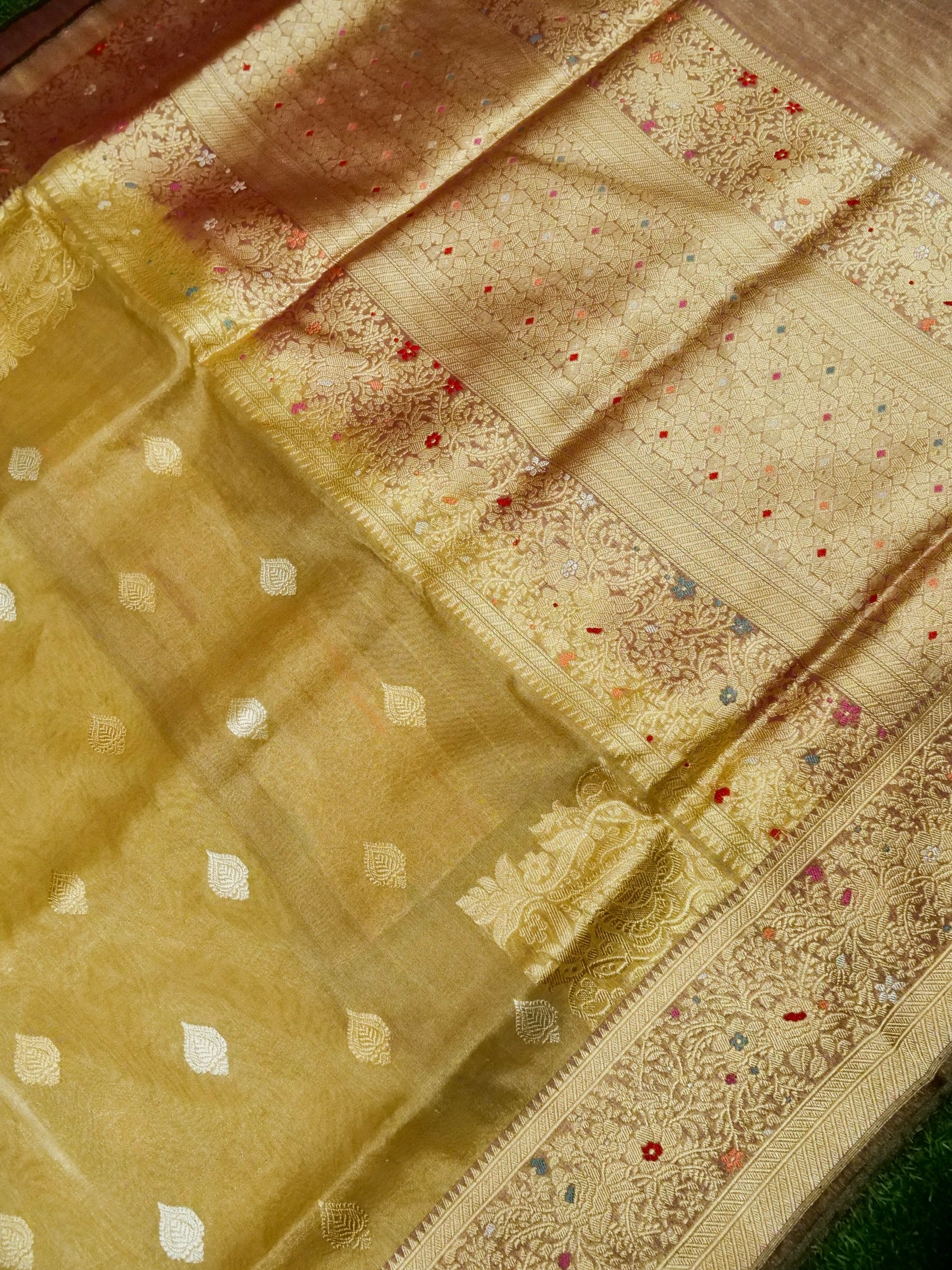 Banarasi Cotton Tissue Kadwa Konia Handloom Saree | Antique Gold - Khinkhwab