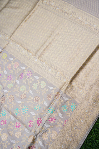 Banarasi Katan Silk Kadwa Jangla Handloom Saree in Lavendar Grey - Khinkhwab