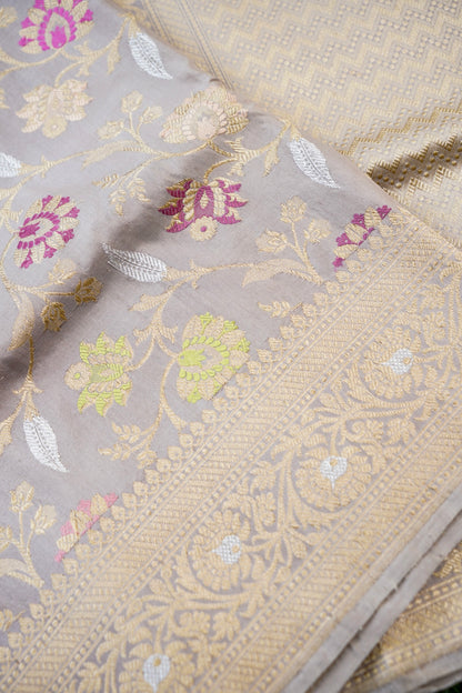 Banarasi Katan Silk Kadwa Jangla Handloom Saree in Lavendar Grey - Khinkhwab