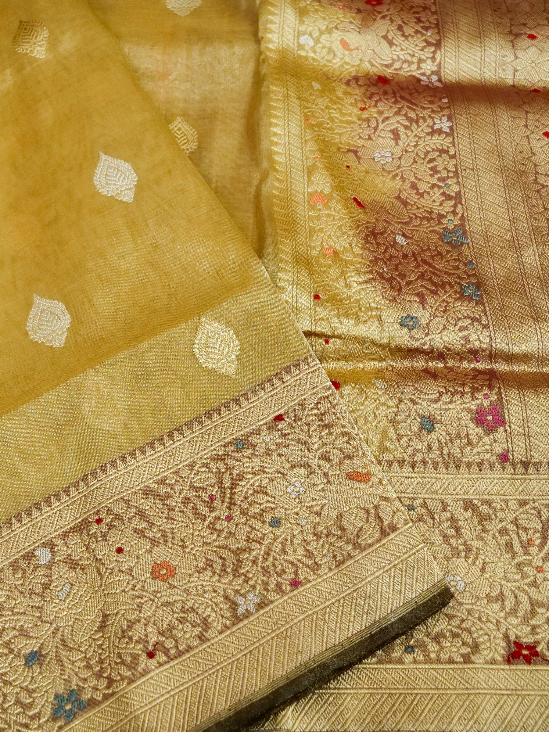 Banarasi Cotton Tissue Kadwa Konia Handloom Saree | Antique Gold - Khinkhwab
