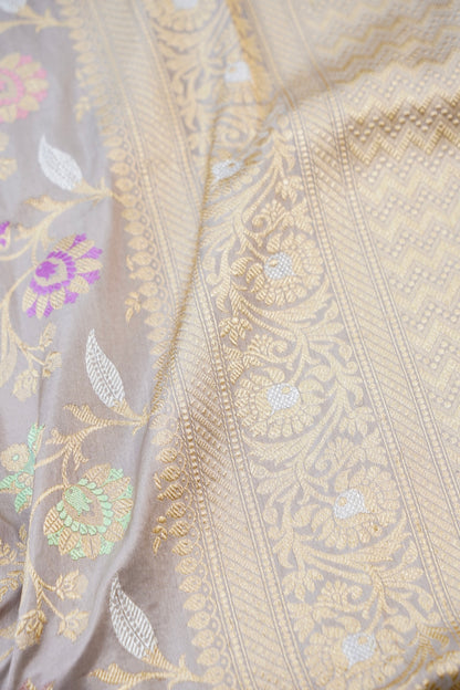 Banarasi Katan Silk Kadwa Jangla Handloom Saree in Lavendar Grey - Khinkhwab