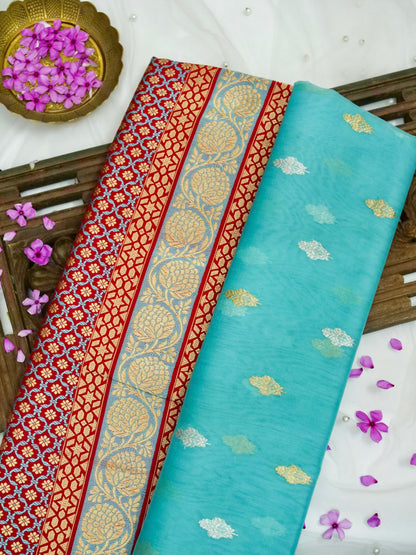 Banarasi Kora Silk Kadwa Alfi Skirt Handloom Saree | Turquoise - Khinkhwab