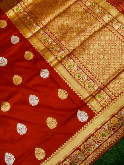 Banarasi Katan Silk Kadwa Alfi Boota Handloom Saree | Rust - Khinkhwab