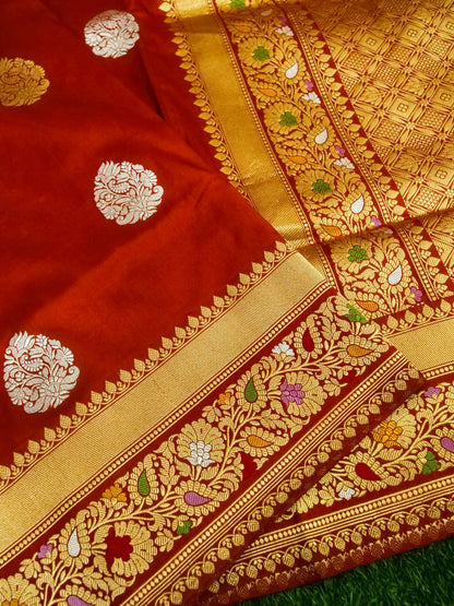 Banarasi Katan Silk Kadwa Alfi Boota Handloom Saree | Rust - Khinkhwab