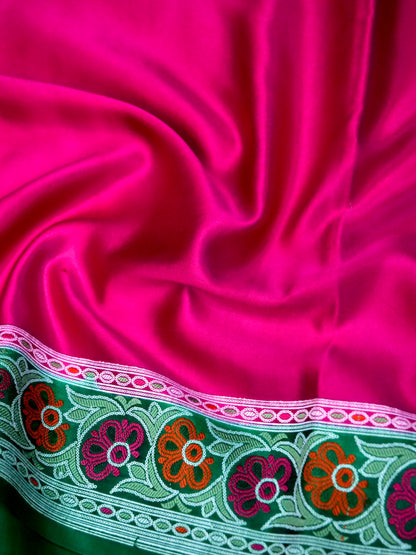 Banarasi Mashru Silk Kadiyal Handwoven Saree in Rani Pink