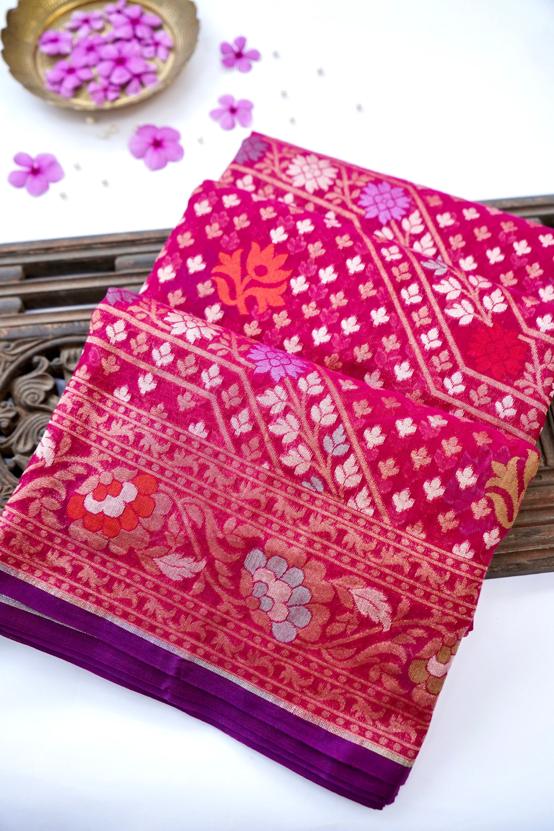 Banarasi Cotton Handloom Jamdani Ektara Saree | Rani Pink - Khinkhwab
