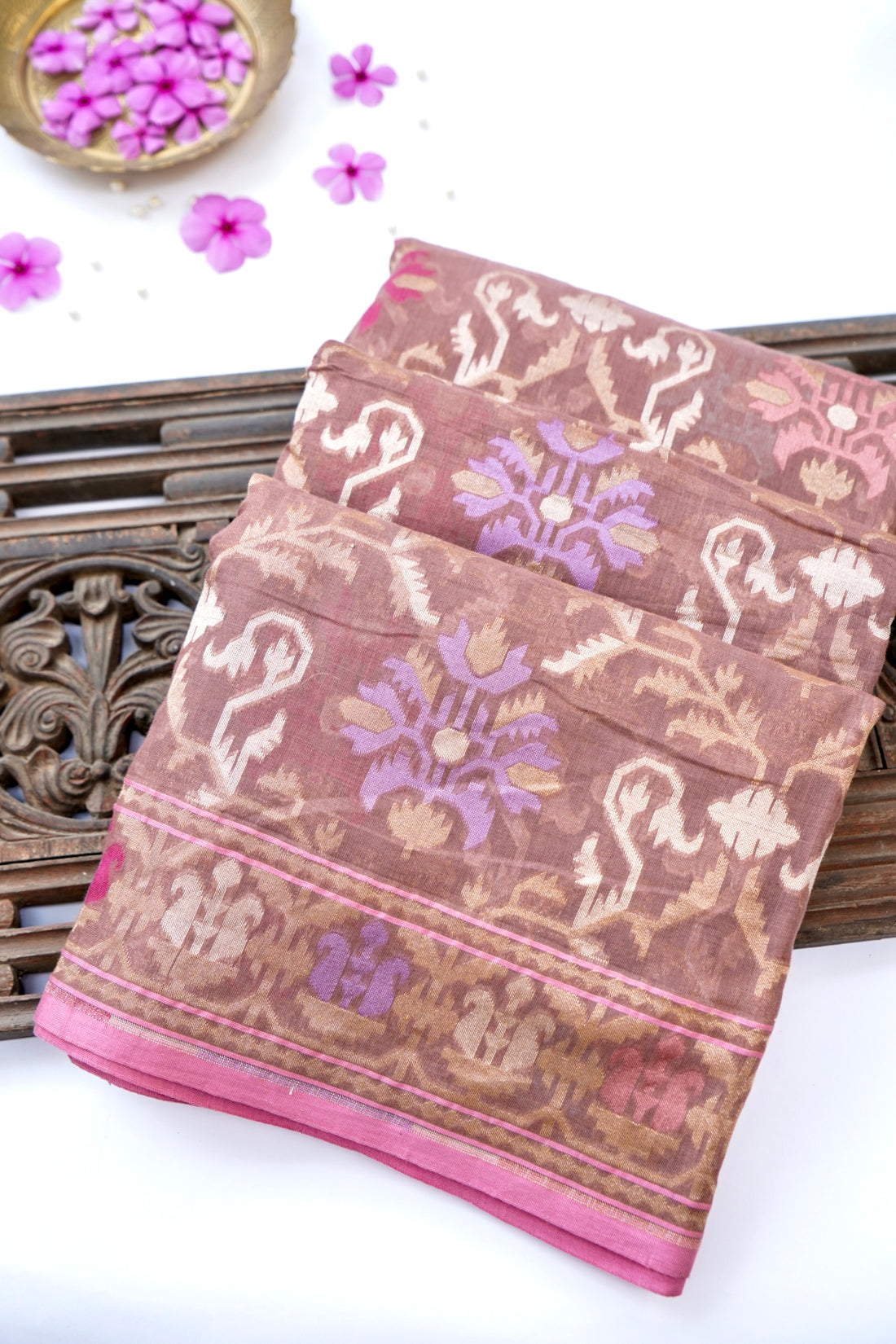 Banarasi Cotton Handloom Jamdani Ektara Saree | Mauve - Khinkhwab