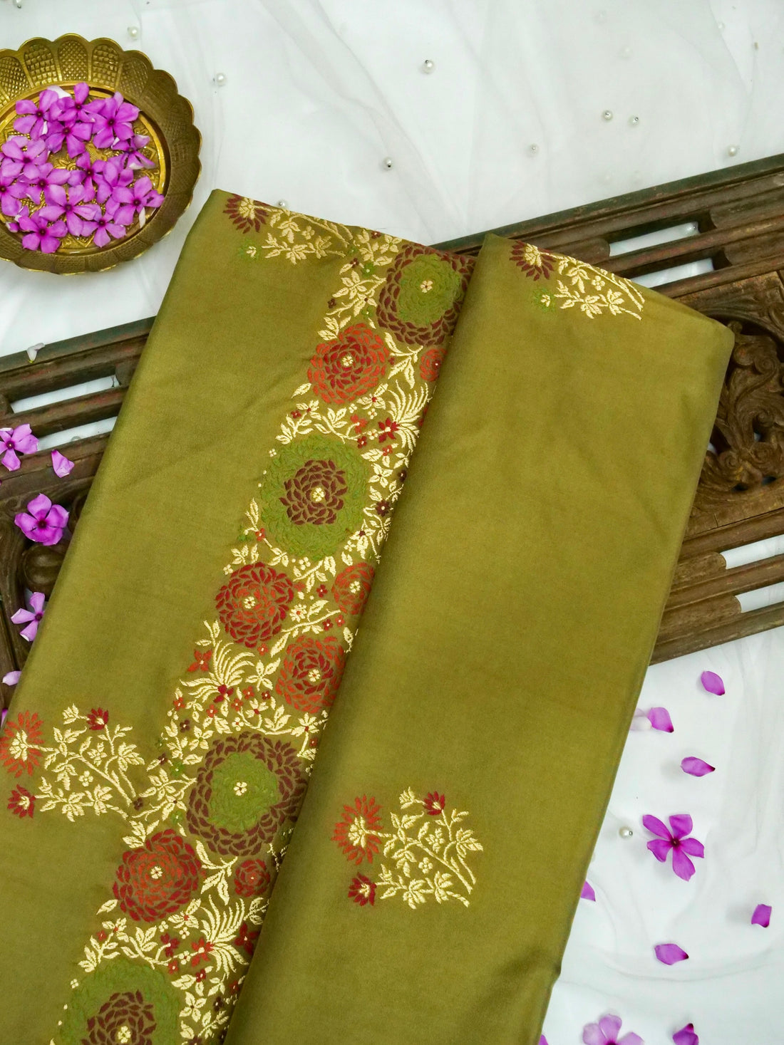 Banarasi Katan Silk Tilfi Border Handloom Saree | Olive Green - Khinkhwab