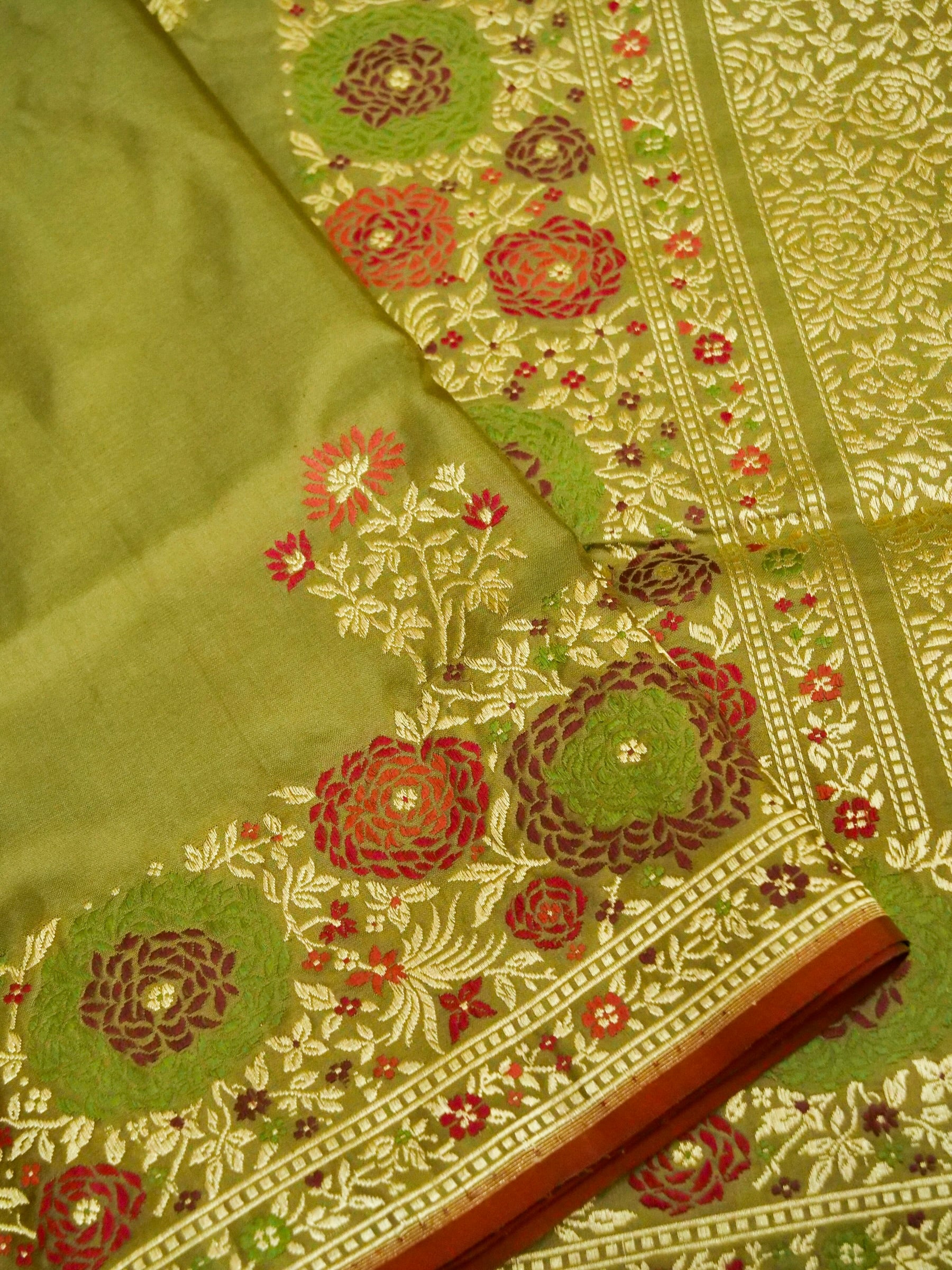 Banarasi Katan Silk Tilfi Border Handloom Saree | Olive Green - Khinkhwab