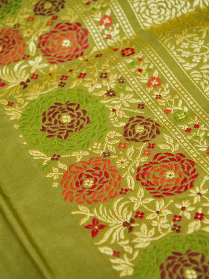 Banarasi Katan Silk Tilfi Border Handloom Saree | Olive Green - Khinkhwab