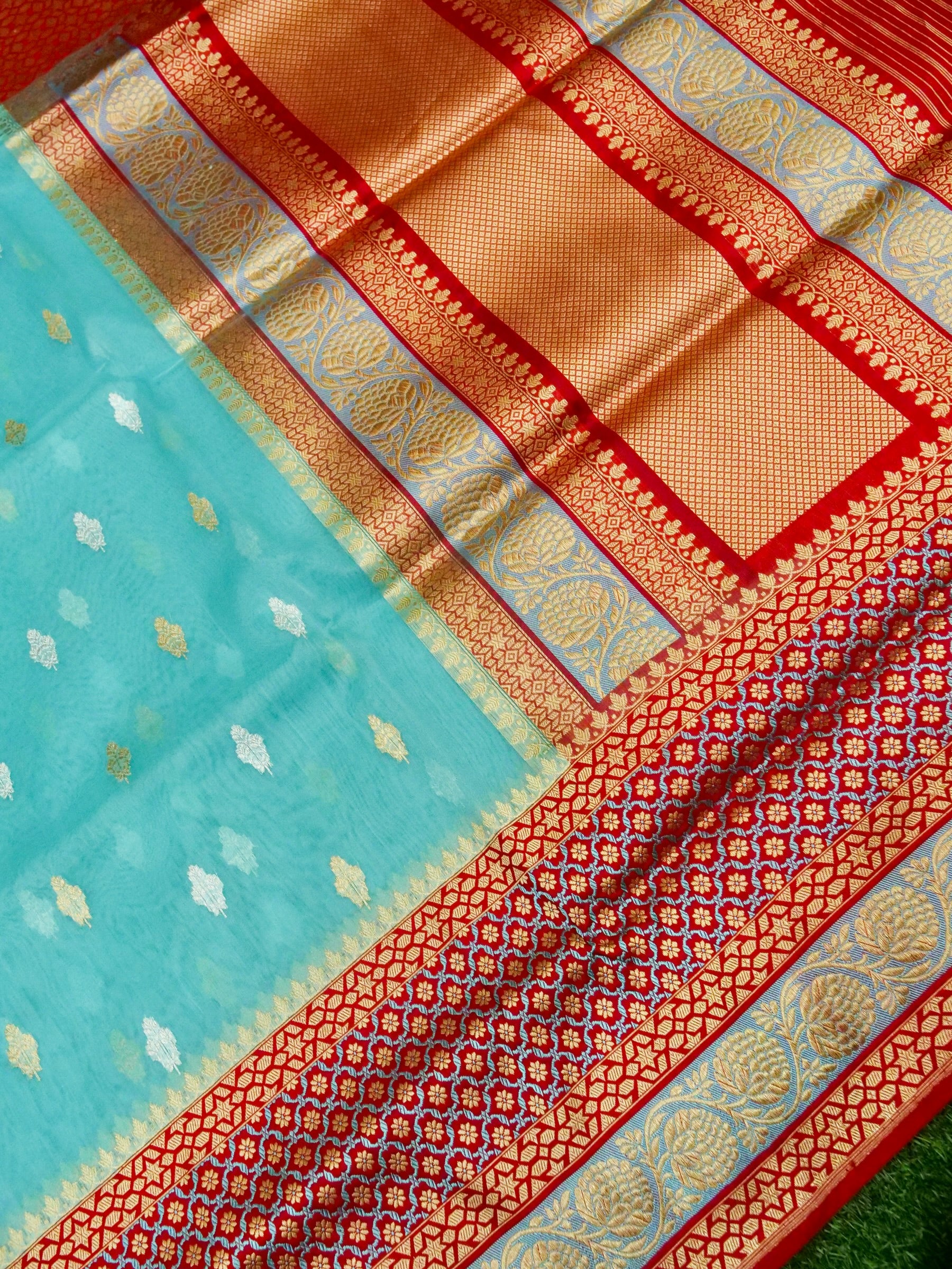 Banarasi Kora Silk Kadwa Alfi Skirt Handloom Saree | Turquoise - Khinkhwab