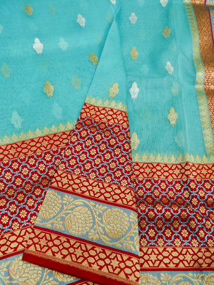 Banarasi Kora Silk Kadwa Alfi Skirt Handloom Saree | Turquoise - Khinkhwab
