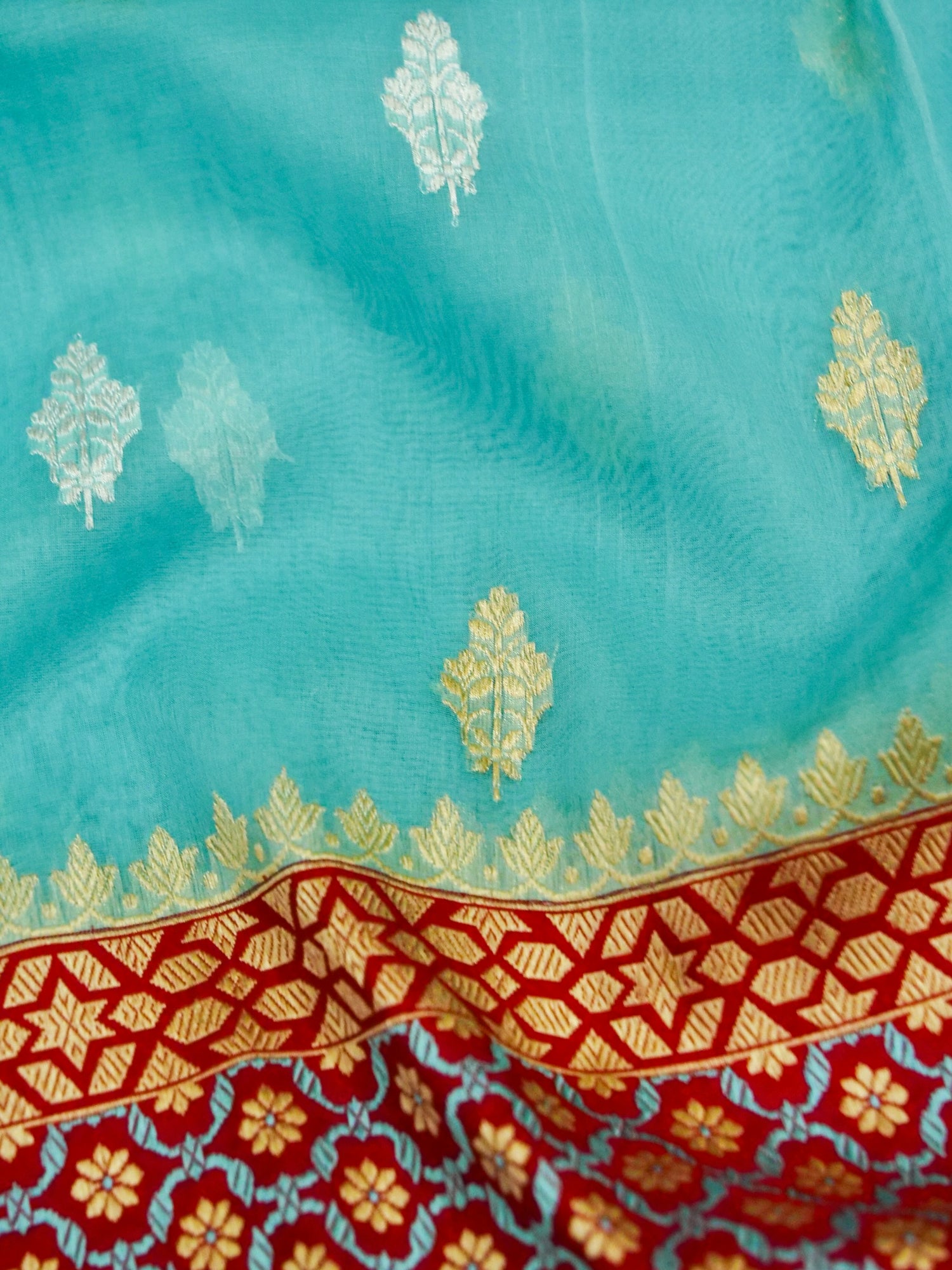 Banarasi Kora Silk Kadwa Alfi Skirt Handloom Saree | Turquoise - Khinkhwab