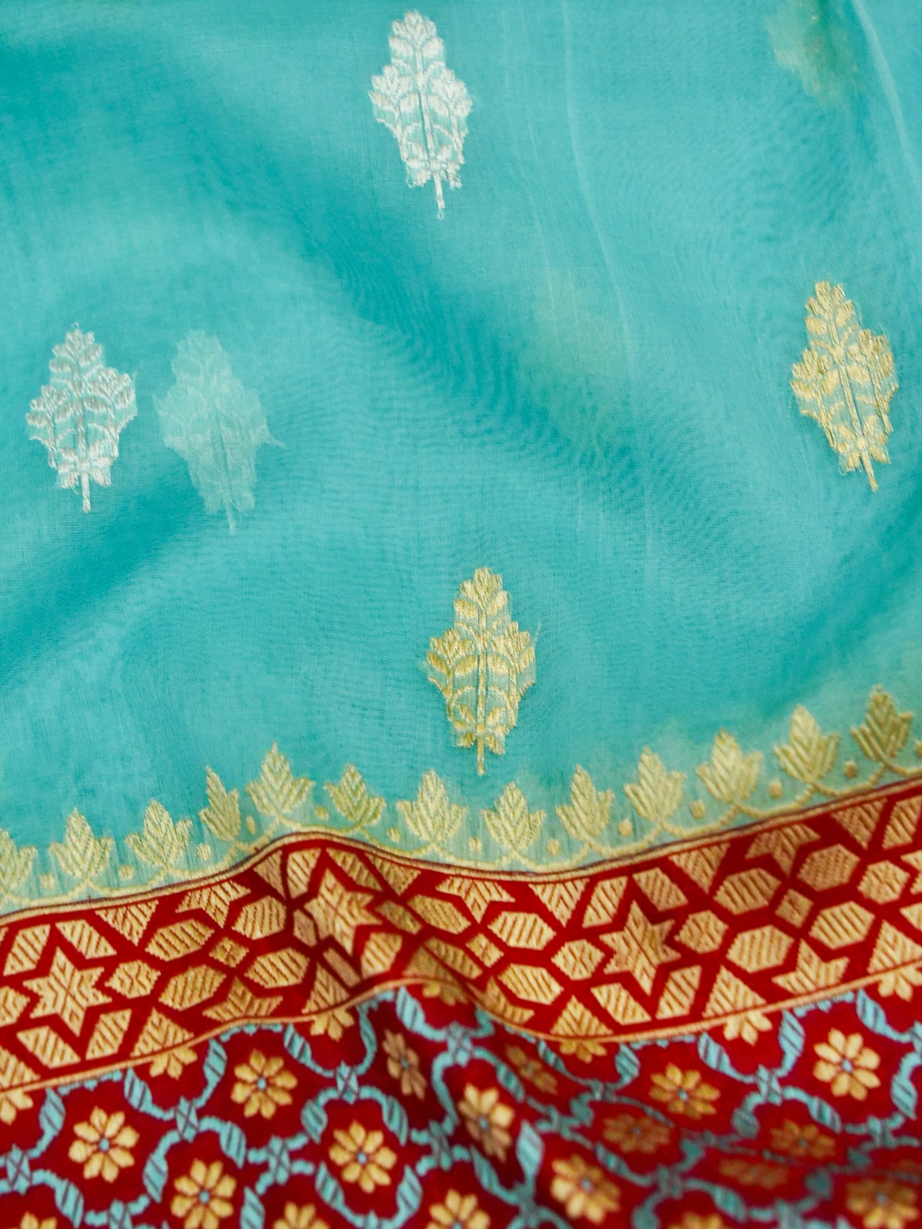 Banarasi Kora Silk Kadwa Alfi Skirt Handloom Saree | Turquoise - Khinkhwab