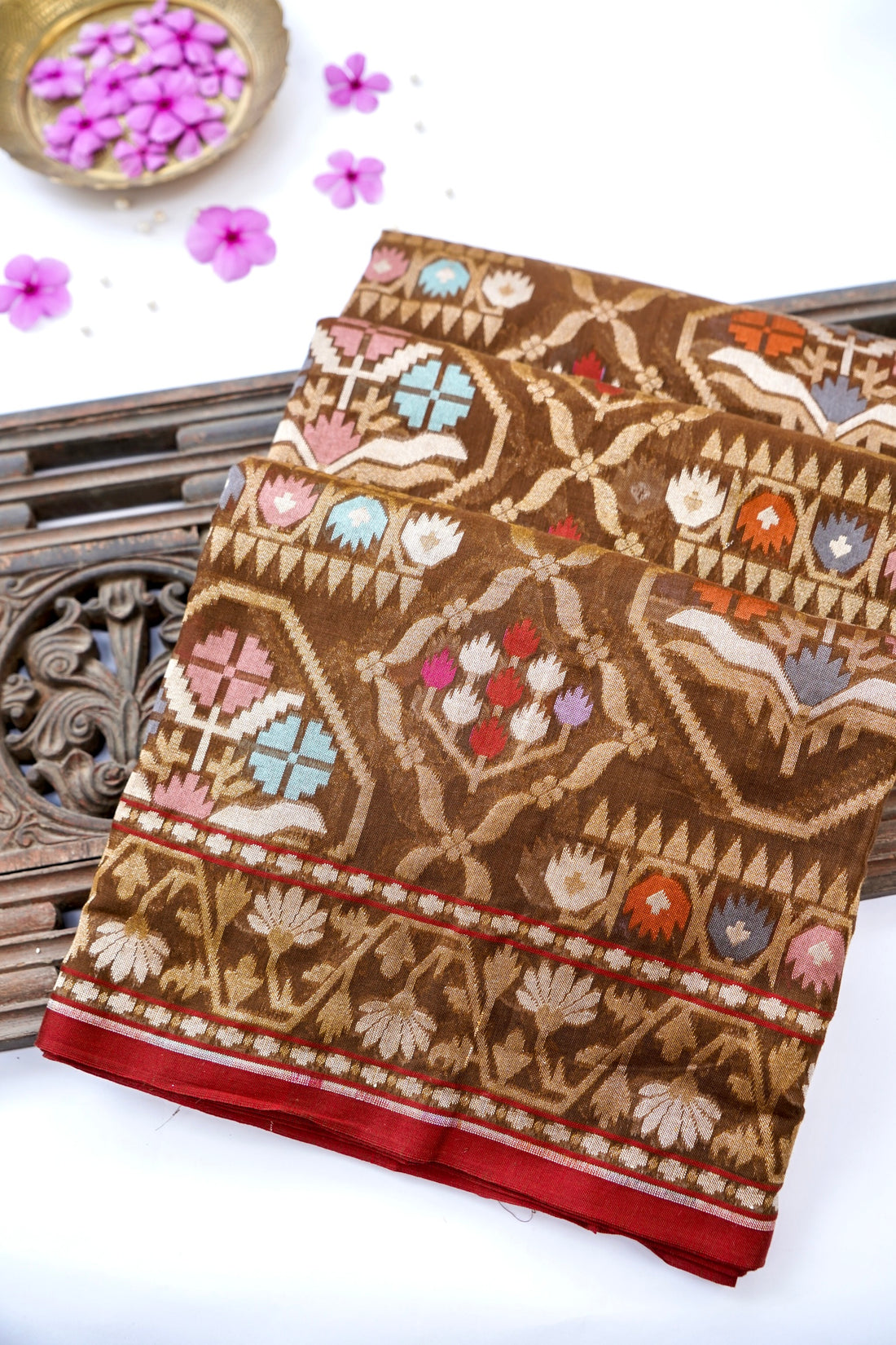 Banarasi Cotton Handloom Jamdani Ektara Saree | Brown - Khinkhwab