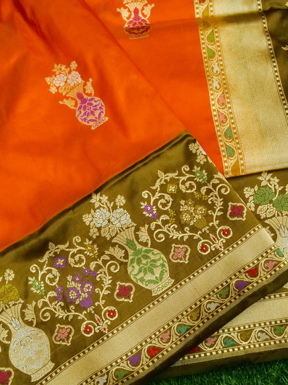 Banarasi Katan Silk Kadwa Tilfi Boota Handloom Saree | Orange - Khinkhwab