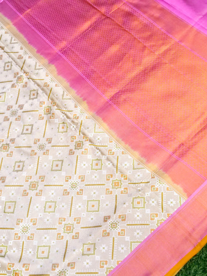 Banarasi Katan Silk Patola Jaal Handwoven Saree in Cream - Khinkhwab