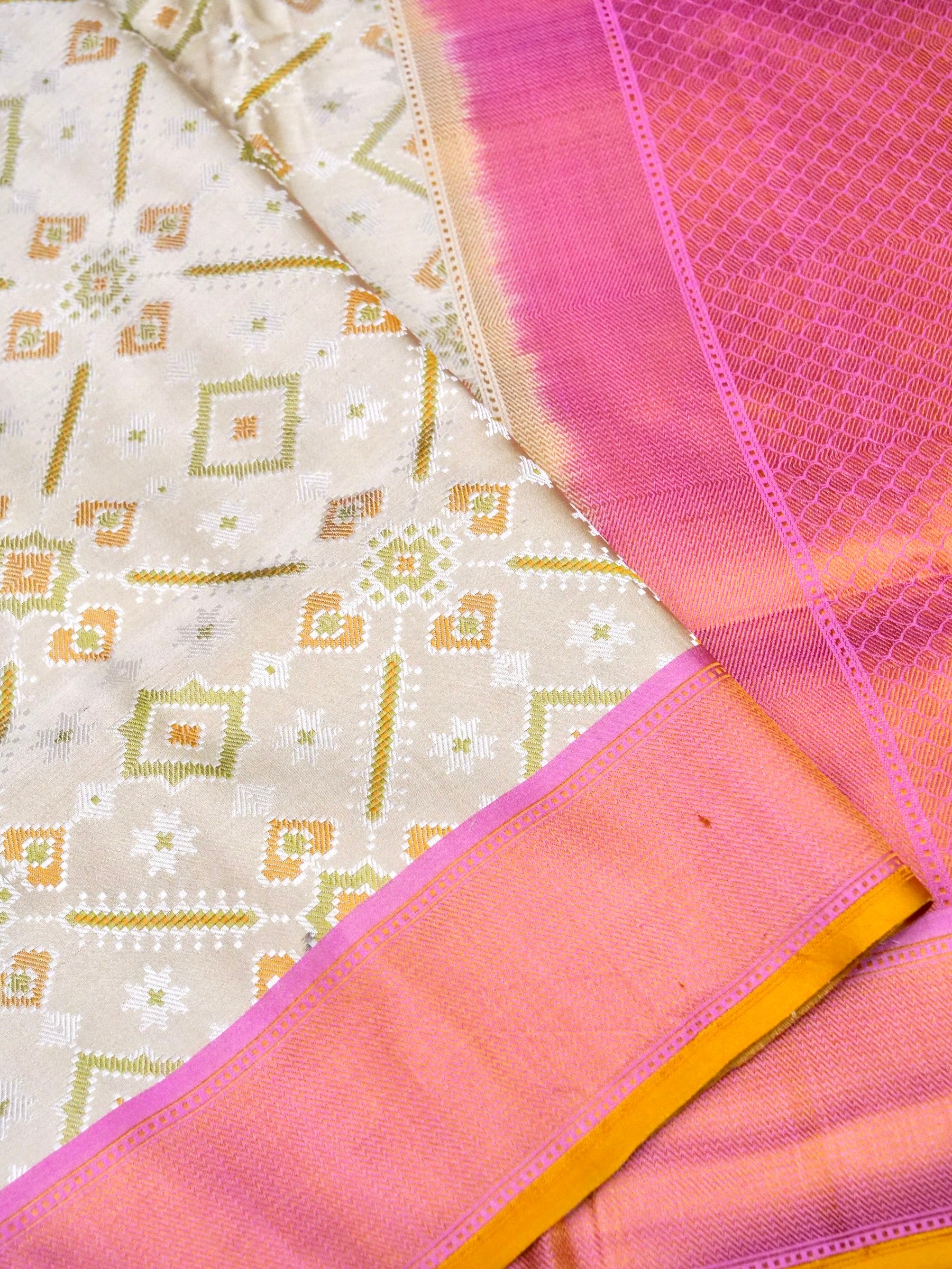 Banarasi Katan Silk Patola Jaal Handwoven Saree in Cream - Khinkhwab