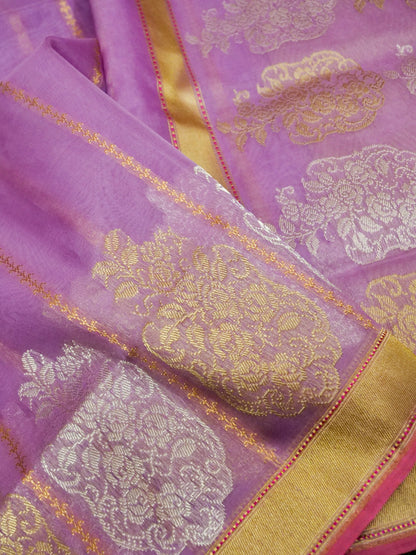 Banarasi Kora Silk Kadwa Stripe Handloom Saree | Lavender - Khinkhwab