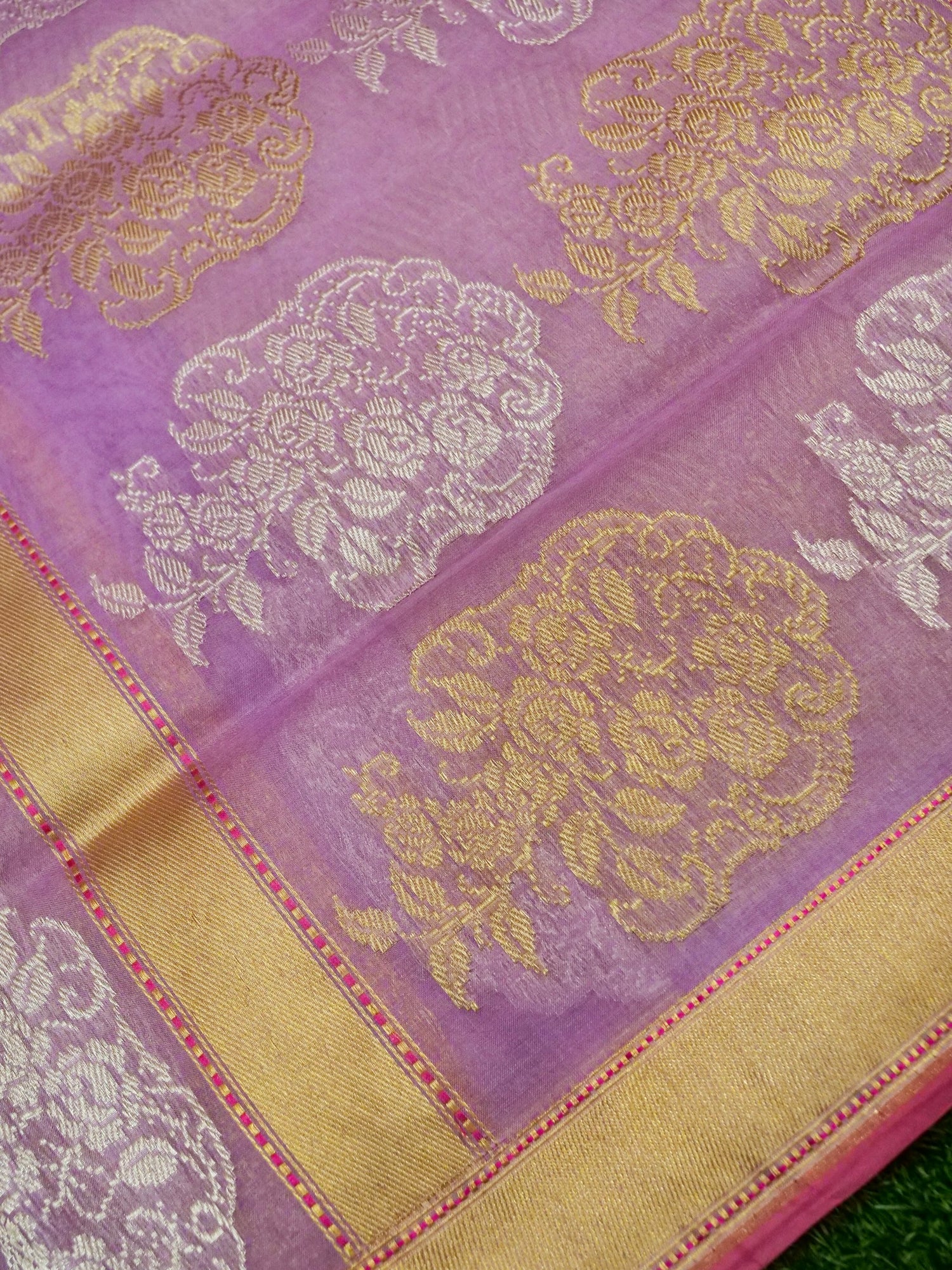 Banarasi Kora Silk Kadwa Stripe Handloom Saree | Lavender - Khinkhwab