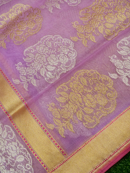 Banarasi Kora Silk Kadwa Stripe Handloom Saree | Lavender - Khinkhwab