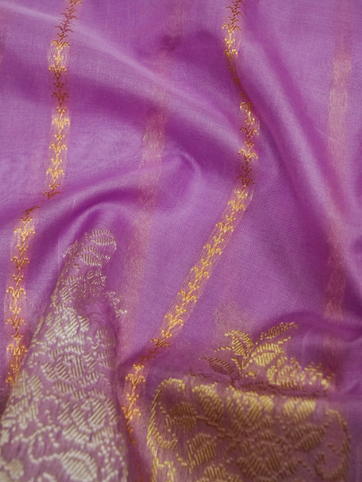 Banarasi Kora Silk Kadwa Stripe Handloom Saree | Lavender - Khinkhwab
