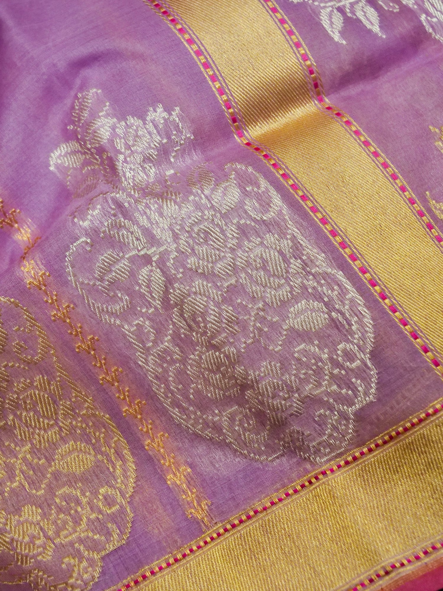 Banarasi Kora Silk Kadwa Stripe Handloom Saree | Lavender - Khinkhwab