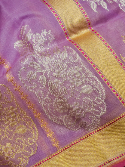 Banarasi Kora Silk Kadwa Stripe Handloom Saree | Lavender - Khinkhwab