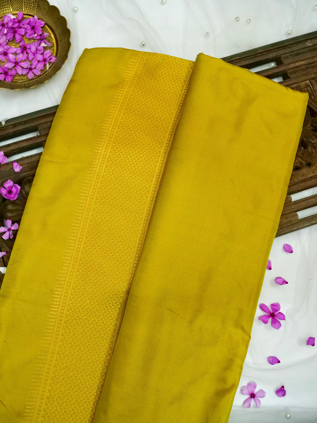 Banarasi Katan Silk Double Tani Alfi Skirt Border Handloom Saree | Yellow - Khinkhwab