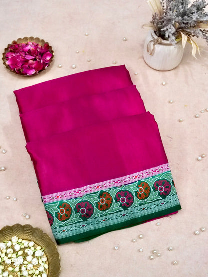 Banarasi Mashru Silk Kadiyal Handwoven Saree in Rani Pink