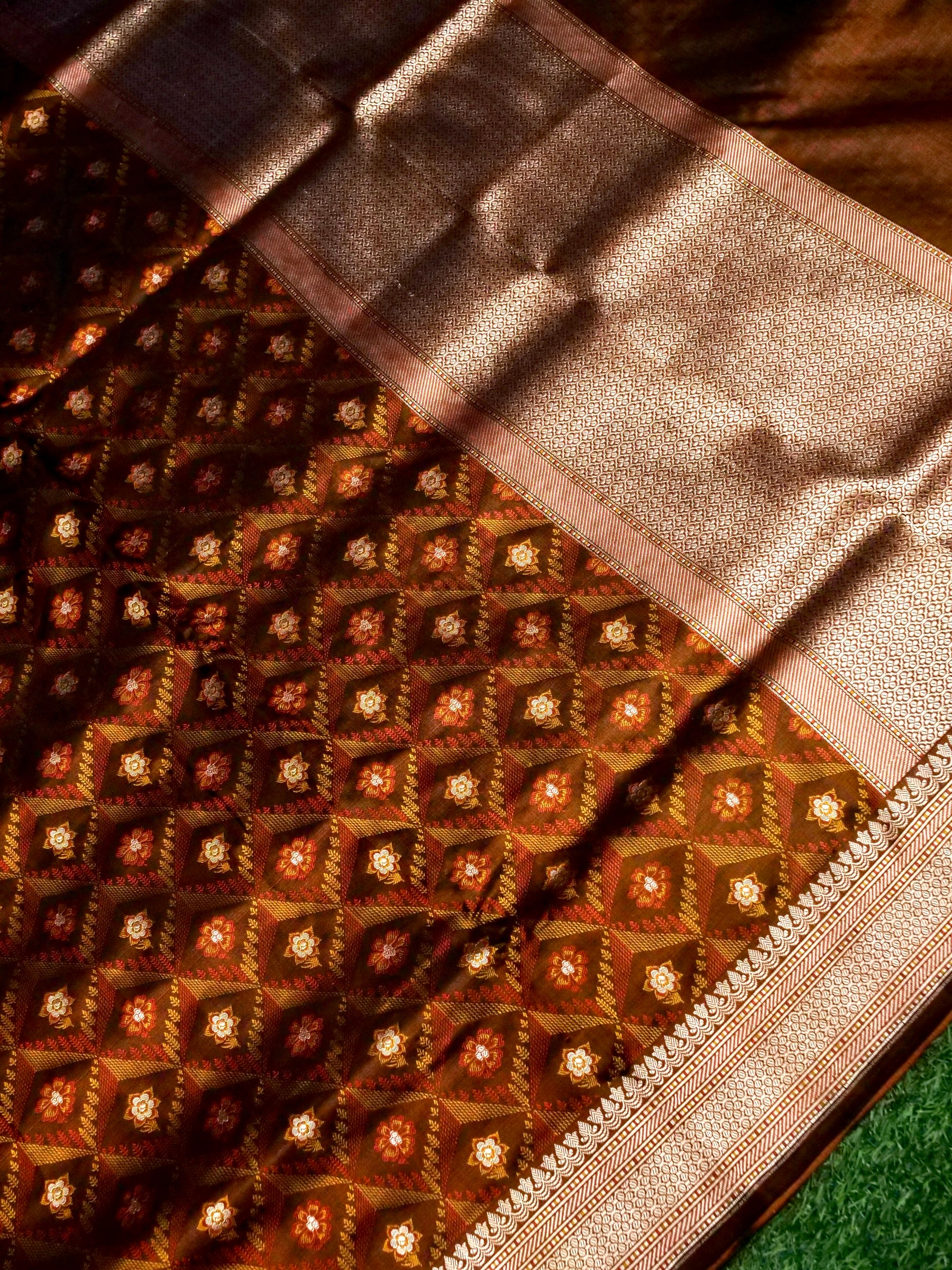 Katan Silk Meenakari Tanchoi Banarasi Saree in Chocolate Brown
