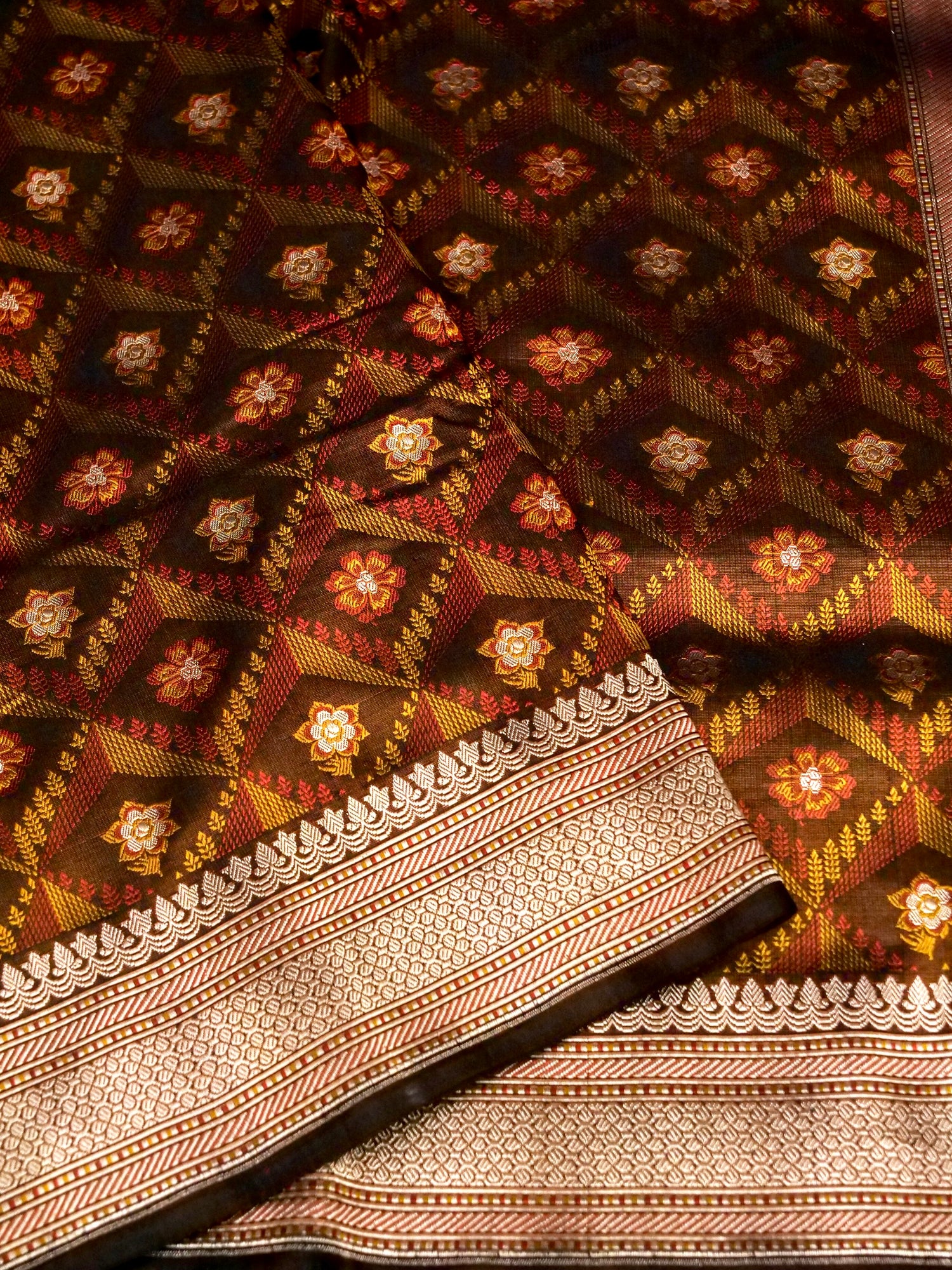 Katan Silk Meenakari Tanchoi Banarasi Saree in Chocolate Brown