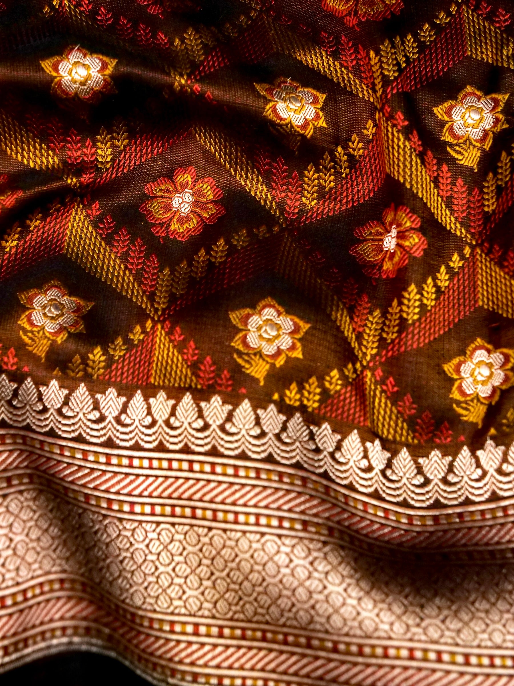 Katan Silk Meenakari Tanchoi Banarasi Saree in Chocolate Brown