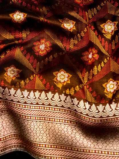 Katan Silk Meenakari Tanchoi Banarasi Saree in Chocolate Brown