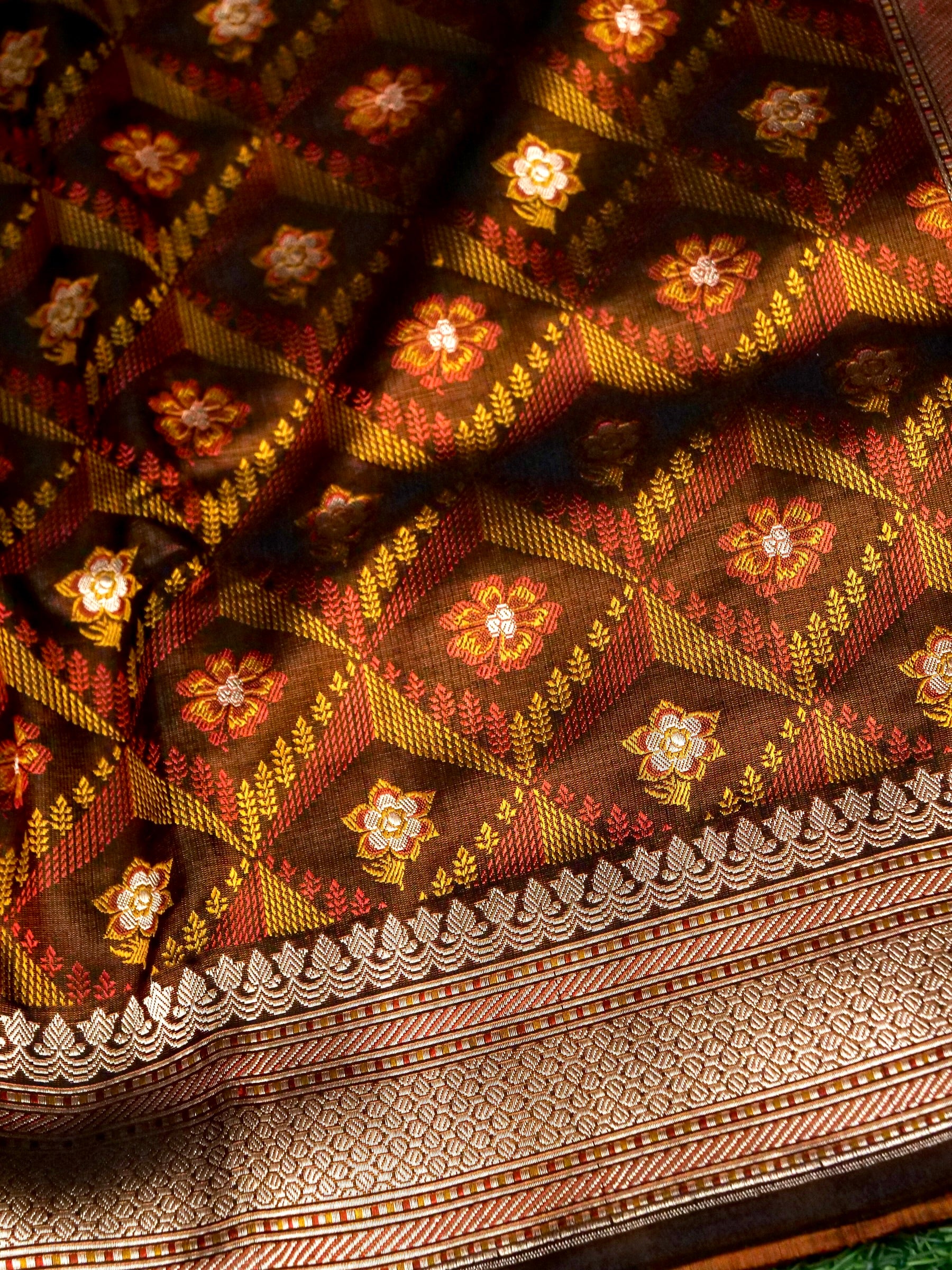 Katan Silk Meenakari Tanchoi Banarasi Saree in Chocolate Brown