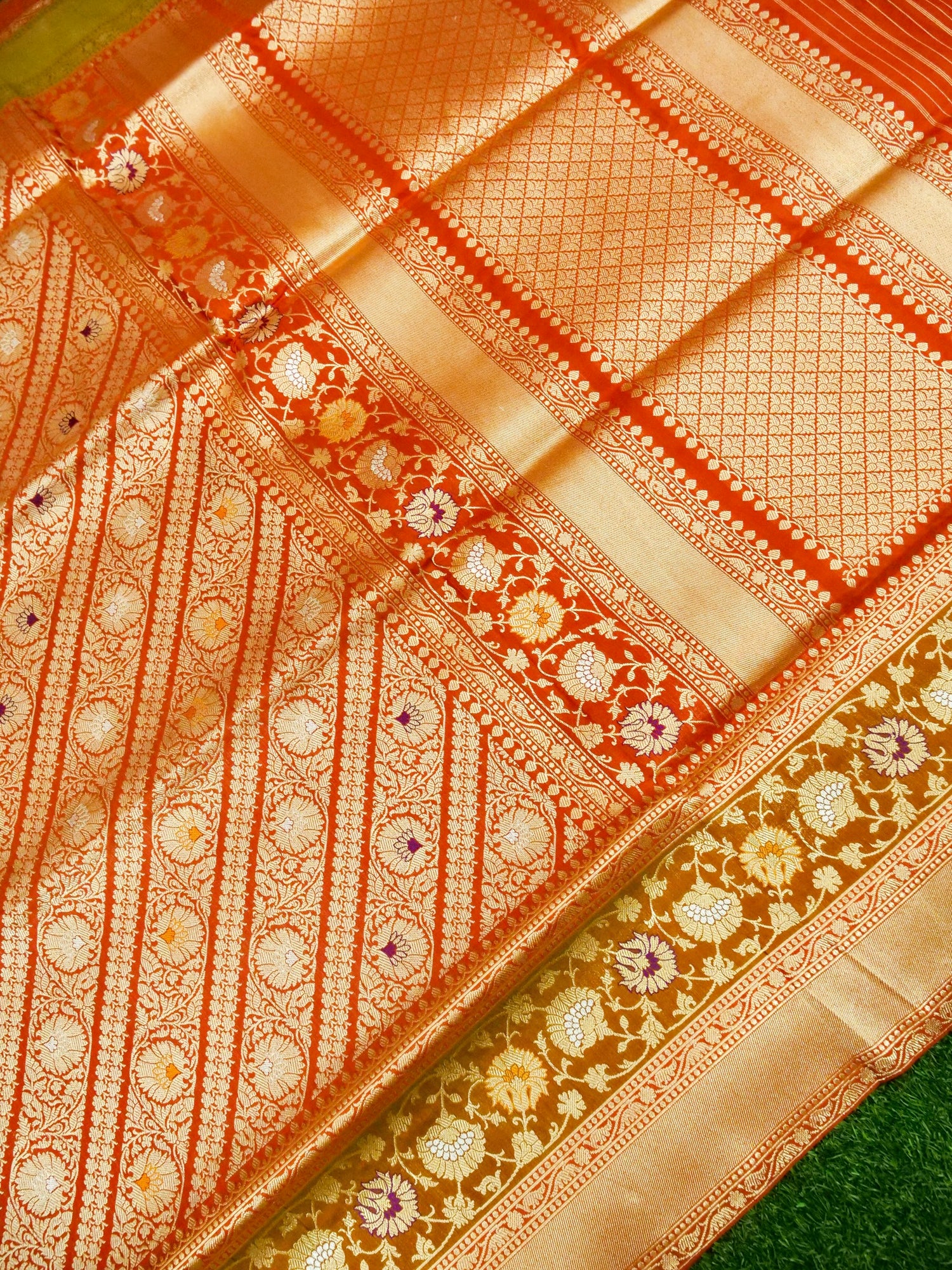 Handloom Banarasi Katan Silk Zari Tanchoi Saree in Rust - Khinkhwab