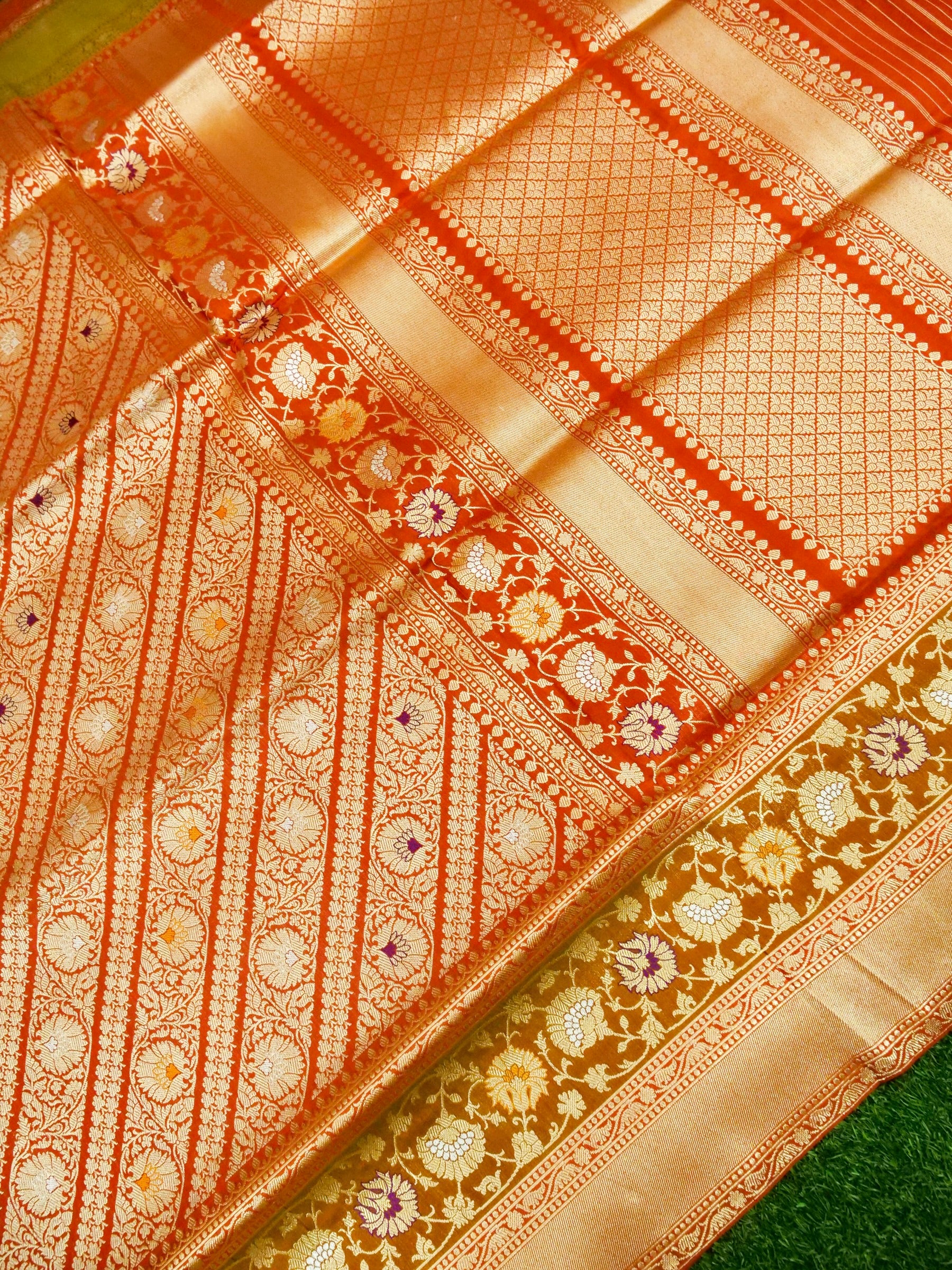 Handloom Banarasi Katan Silk Zari Tanchoi Saree in Rust - Khinkhwab