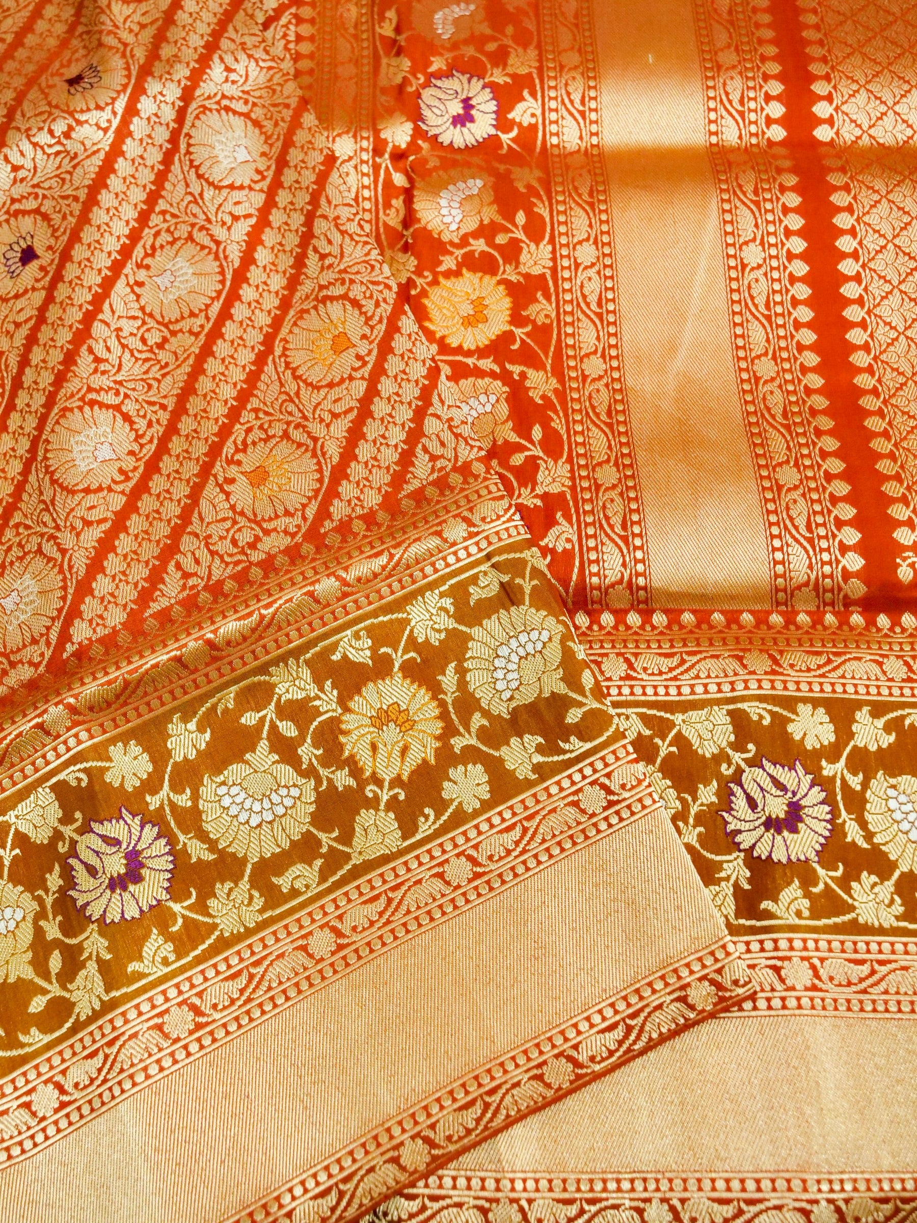 Handloom Banarasi Katan Silk Zari Tanchoi Saree in Rust - Khinkhwab
